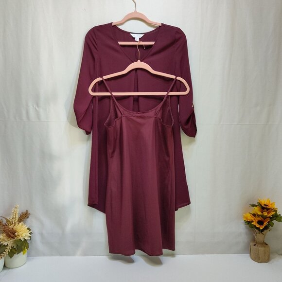 Decree Burgundy Roll Tab Sleeve Tunic Dress w/ Slip Small Casual Or Semi-Formal - Picture 2 of 7